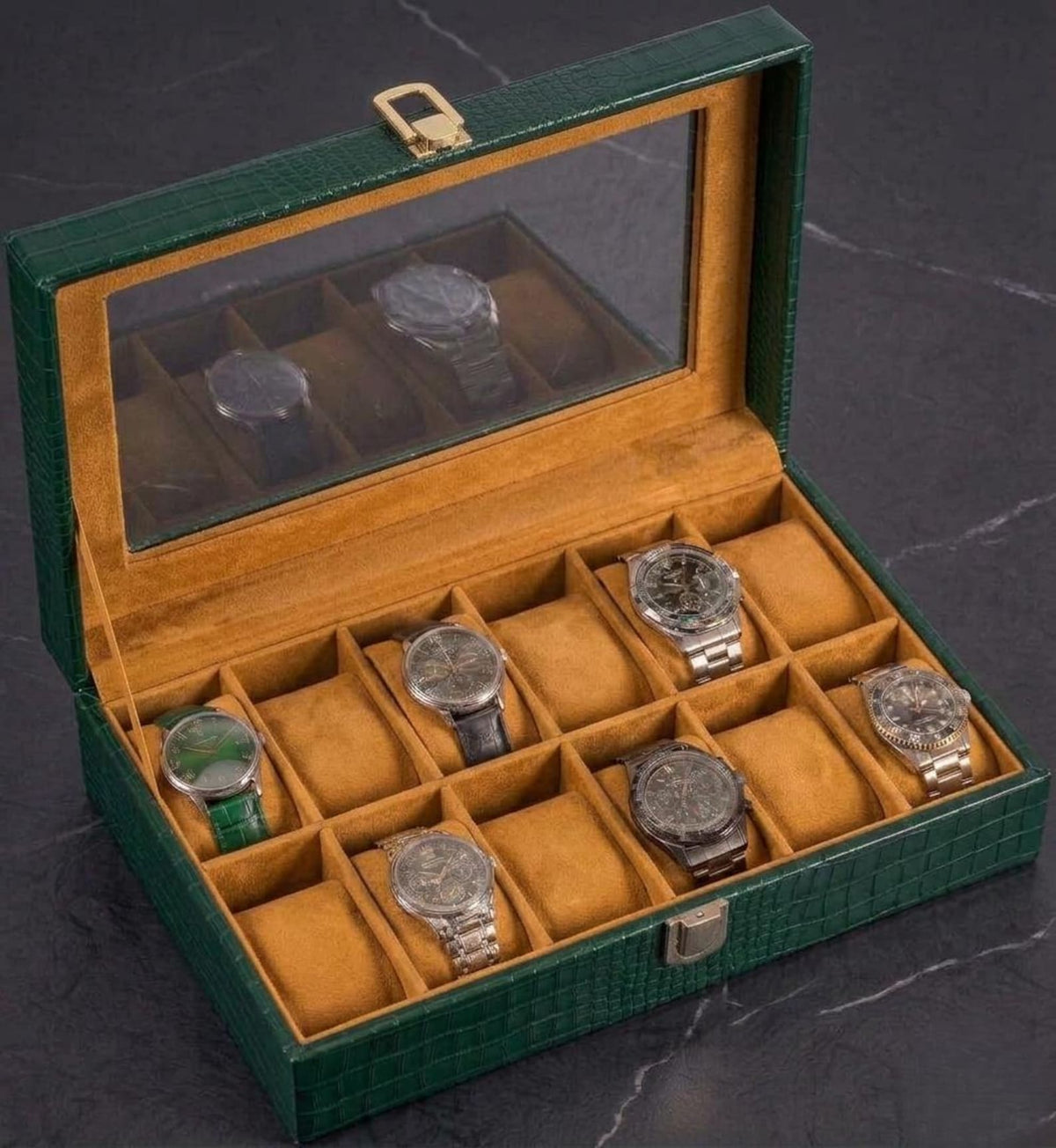 12 Slot Watch Box, Crocodile Leather Display Case, Velvet Lined Organizer
