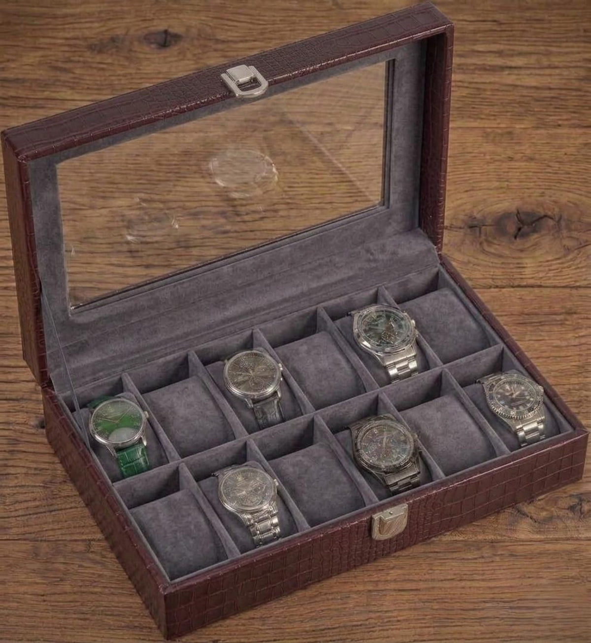 12 Slot Watch Box, Crocodile Leather Display Case, Velvet Lined Organizer