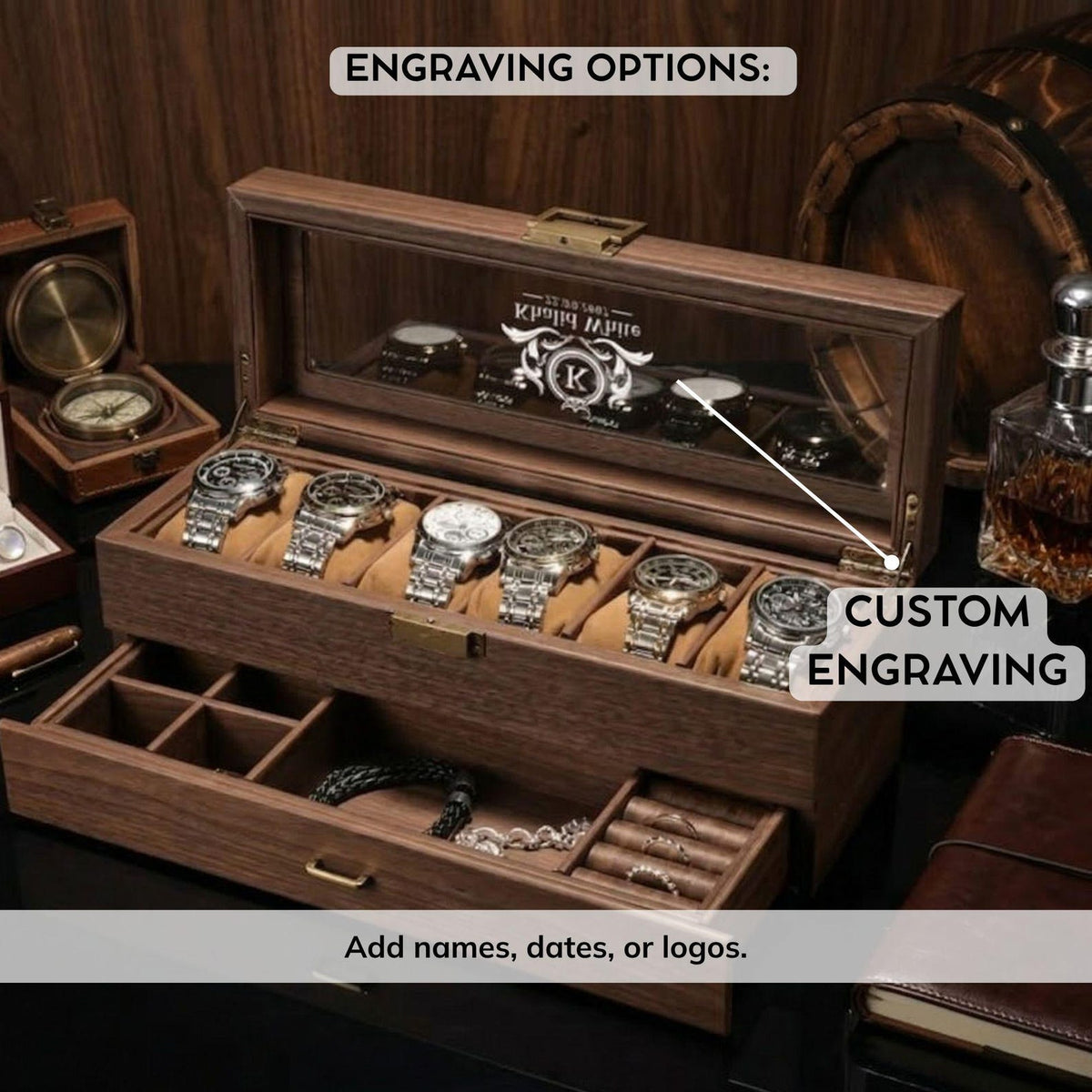 Personalized Watch Box for Men, Engraved Wooden Watch Case, Custom Gift for Him, Groomsmen Watch Organizer, Father's Day Gift