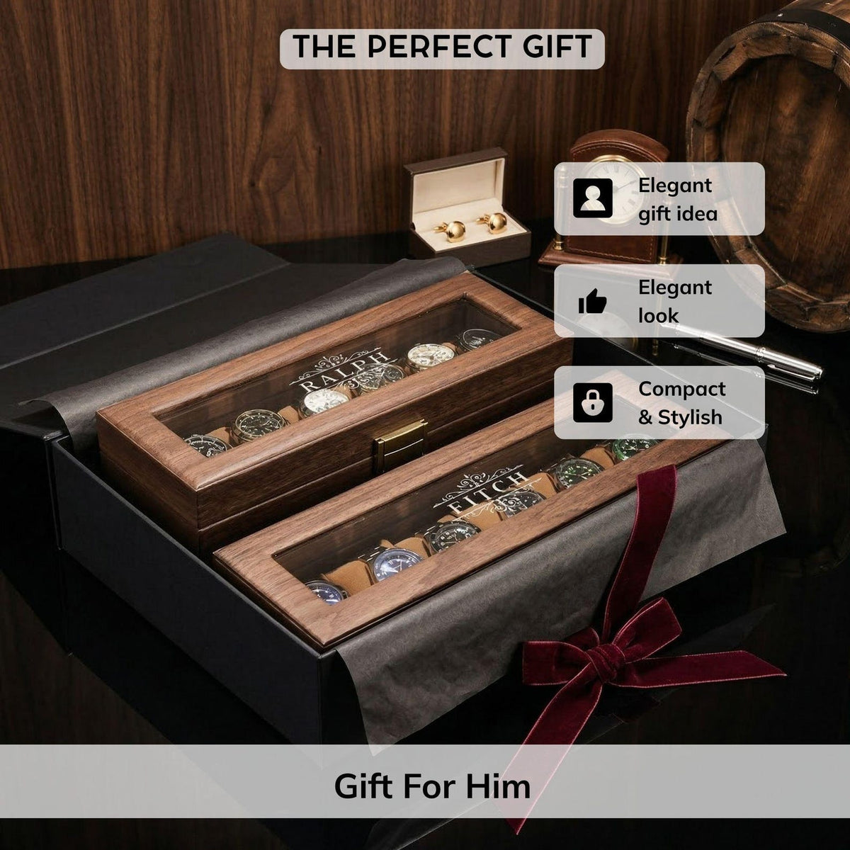 Personalized Watch Box for Men, Engraved Wooden Watch Case, Custom Gift for Him, Groomsmen Watch Organizer, Father's Day Gift