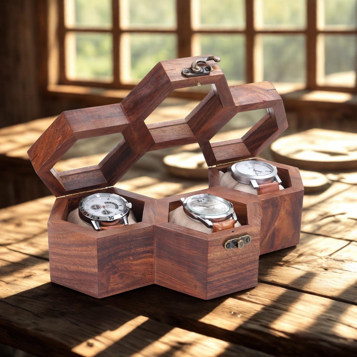 Rosewood Watch Box, Honeycomb Glass Lid Watch Organizer, Luxury Wooden Storage Case Handmade