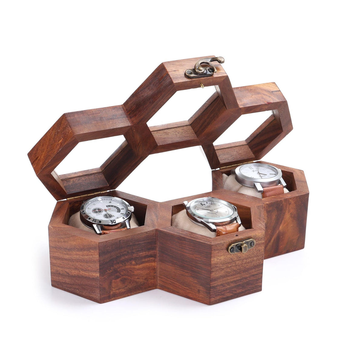 Rosewood Watch Box, Honeycomb Glass Lid Watch Organizer, Luxury Wooden Storage Case Handmade