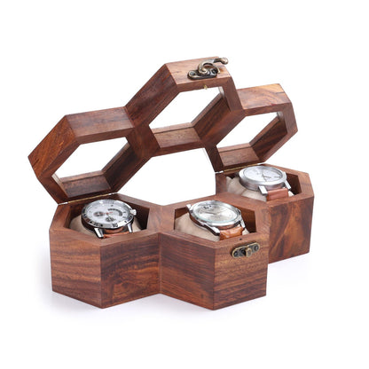 Rosewood Watch Box, Honeycomb Glass Lid Watch Organizer, Luxury Wooden Storage Case Handmade