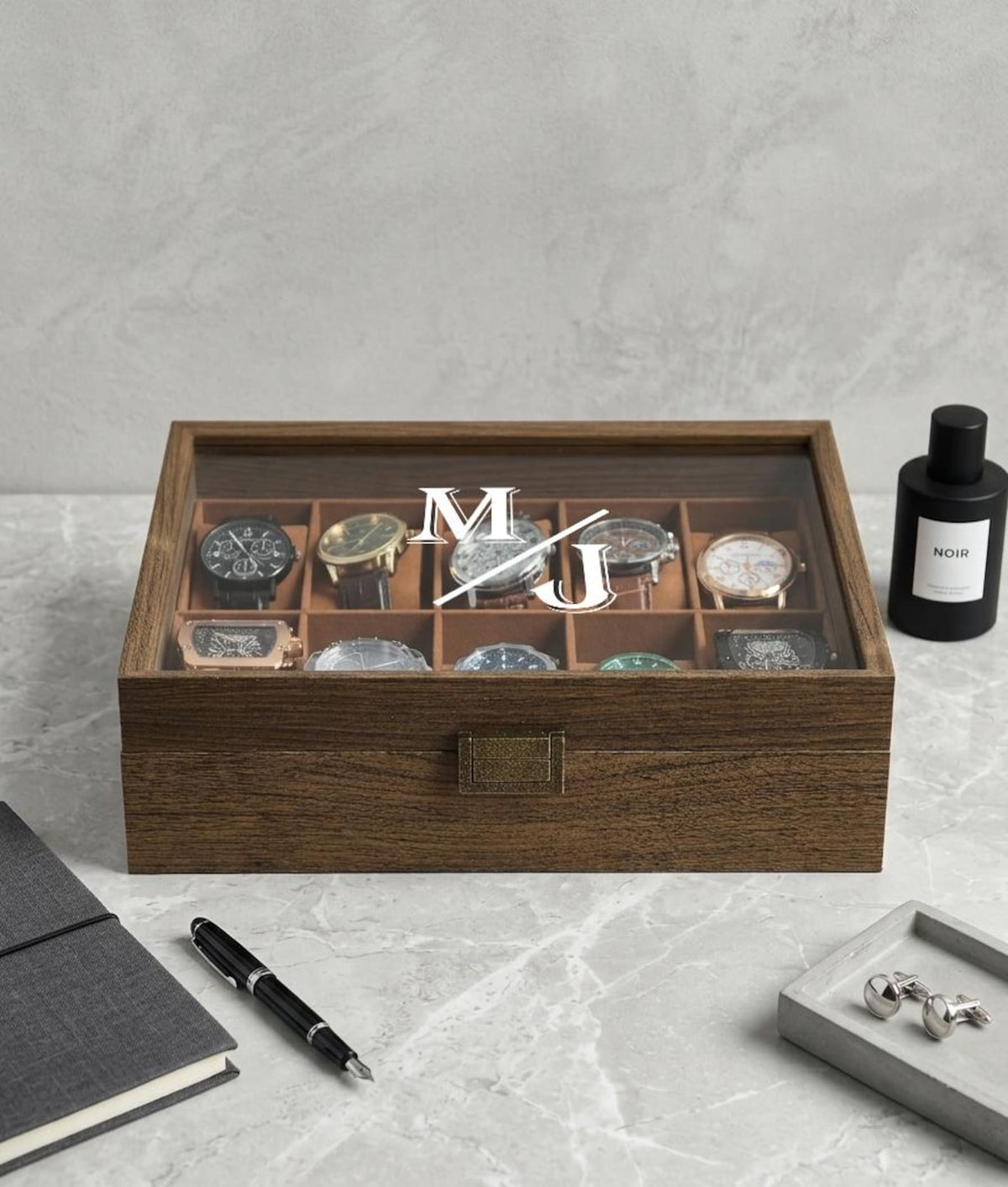 Personalized Watch Box for Men, Unique Father's Day Gift | Custom Glass Lid Watch Organizer, Walnut Tone Wood, 3 6 10 12 Slot Gift for Dad