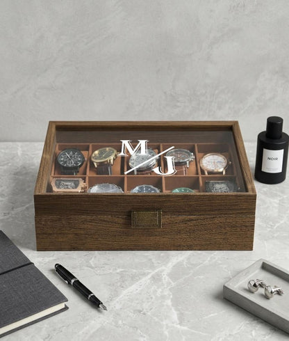 Personalized Watch Box for Men, Unique Father's Day Gift | Custom Glass Lid Watch Organizer, Walnut Tone Wood, 3 6 10 12 Slot Gift for Dad
