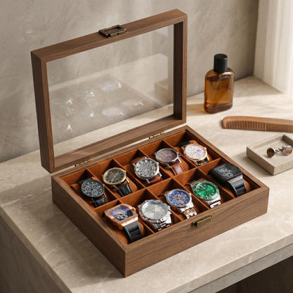 Personalized Watch Box for Men, Unique Father's Day Gift | Custom Glass Lid Watch Organizer, Walnut Tone Wood, 3 6 10 12 Slot Gift for Dad