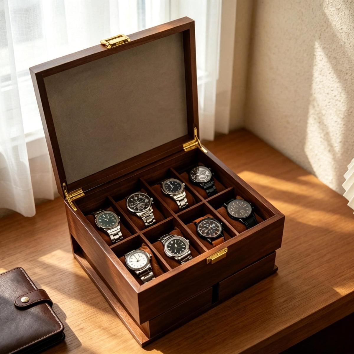 Wooden Watch EDC Organizer Box Multi Tier with Pull-Out Drawer Removable Tray Men’s Jewelry, Sunglasses, Keys Watch Storage, Gifts for him