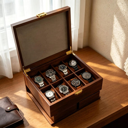 Wooden Watch EDC Organizer Box Multi Tier with Pull-Out Drawer Removable Tray Men’s Jewelry, Sunglasses, Keys Watch Storage, Gifts for him
