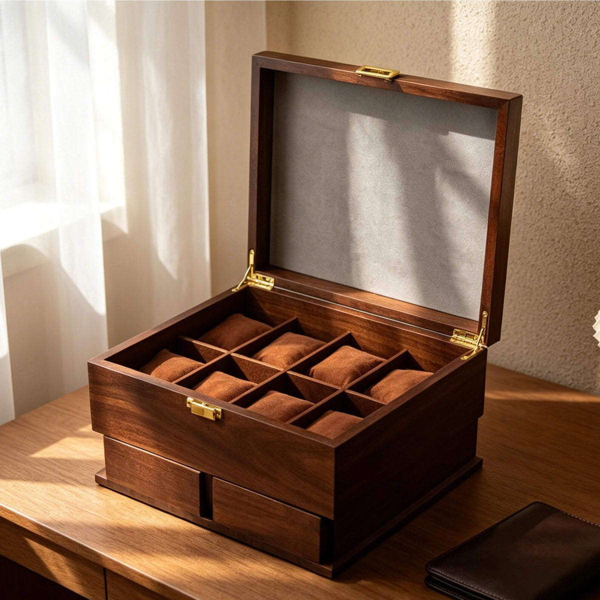 Wooden Watch EDC Organizer Box Multi Tier with Pull-Out Drawer Removable Tray Men’s Jewelry, Sunglasses, Keys Watch Storage, Gifts for him