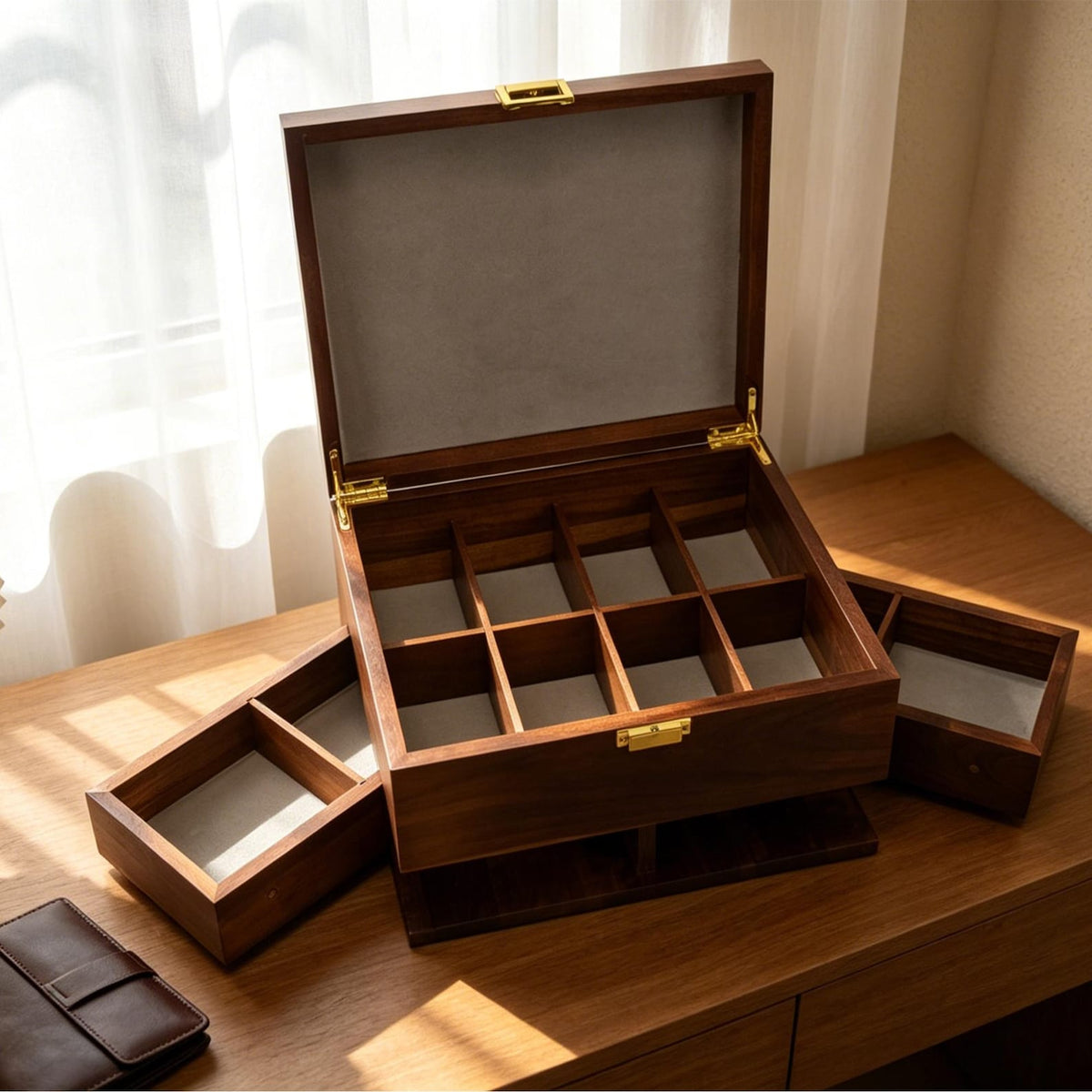 Wooden Watch EDC Organizer Box Multi Tier with Pull-Out Drawer Removable Tray Men’s Jewelry, Sunglasses, Keys Watch Storage, Gifts for him