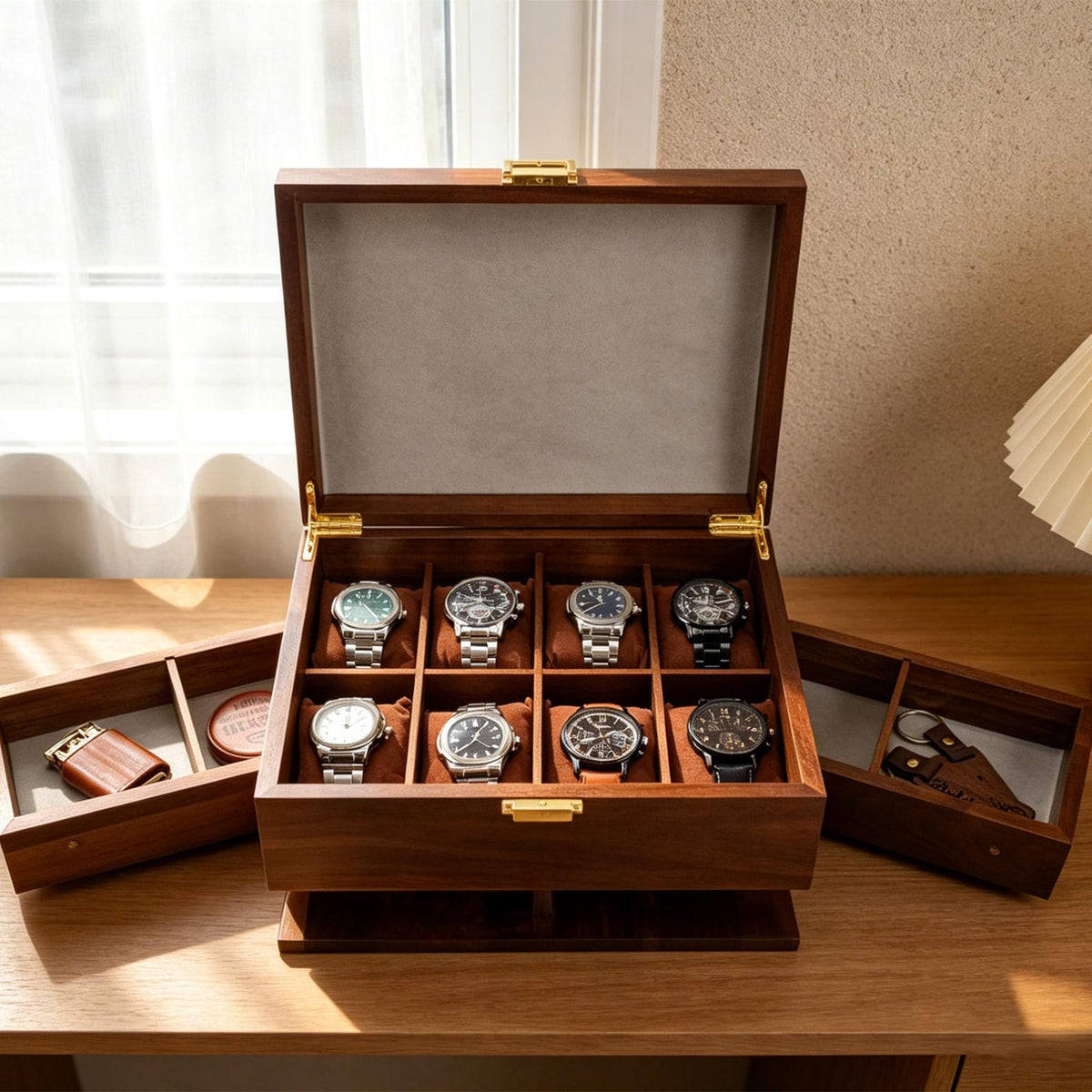 Wooden Watch EDC Organizer Box Multi Tier with Pull-Out Drawer Removable Tray Men’s Jewelry, Sunglasses, Keys Watch Storage, Gifts for him