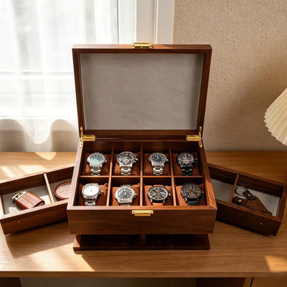 Wooden Watch EDC Organizer Box Multi Tier with Pull-Out Drawer Removable Tray Men’s Jewelry, Sunglasses, Keys Watch Storage, Gifts for him