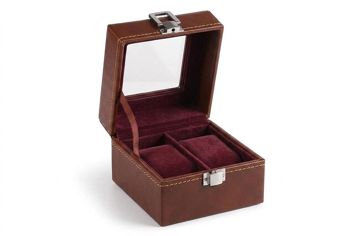 Leather Watch Box Organizer, 2-Slot Display Case with Glass Window, Velvet Lining, Clasp Lock