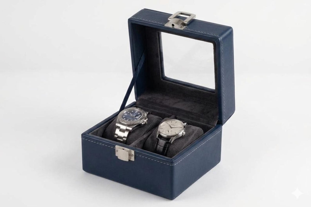 Leather Watch Box Organizer, 2-Slot Display Case with Glass Window, Velvet Lining, Clasp Lock