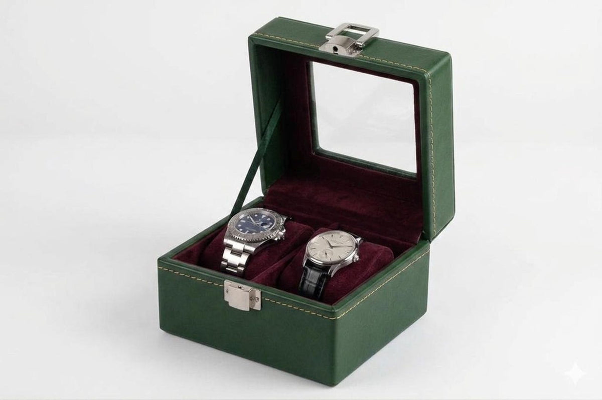 Leather Watch Box Organizer, 2-Slot Display Case with Glass Window, Velvet Lining, Clasp Lock