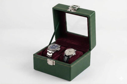 Leather Watch Box Organizer, 2-Slot Display Case with Glass Window, Velvet Lining, Clasp Lock