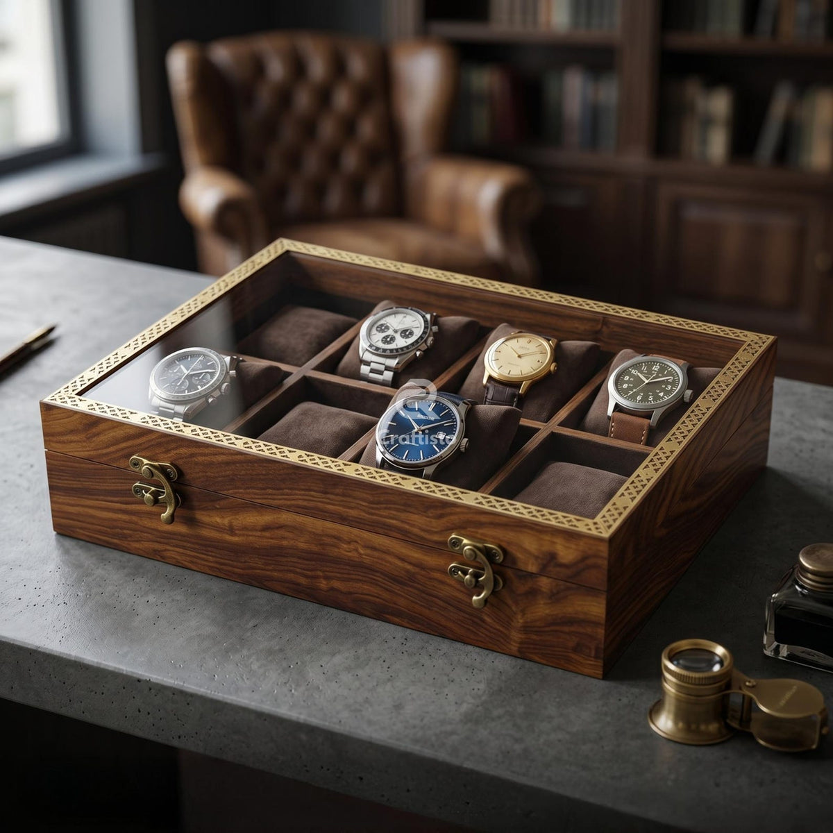 Wooden Watch Box, 8 Slot Organizer, Rosewood, Brass Inlay, Glass Lid