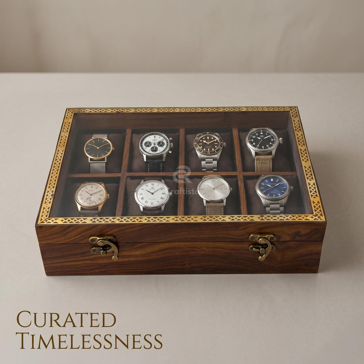 Wooden Watch Box, 8 Slot Organizer, Rosewood, Brass Inlay, Glass Lid