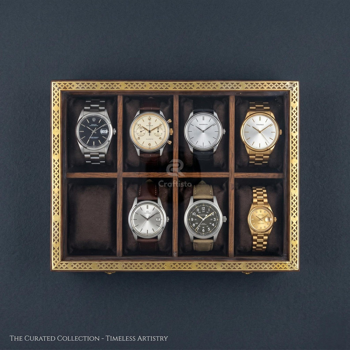 Wooden Watch Box, 8 Slot Organizer, Rosewood, Brass Inlay, Glass Lid