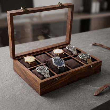 Wooden Watch Box, 8 Slot Organizer, Rosewood, Brass Inlay, Glass Lid