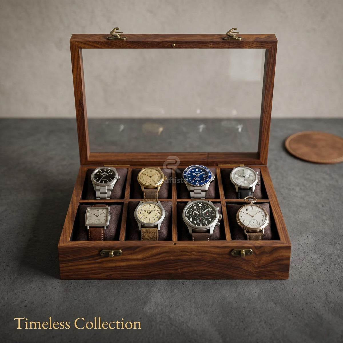 Wooden Watch Box, 8 Slot Organizer, Rosewood, Brass Inlay, Glass Lid