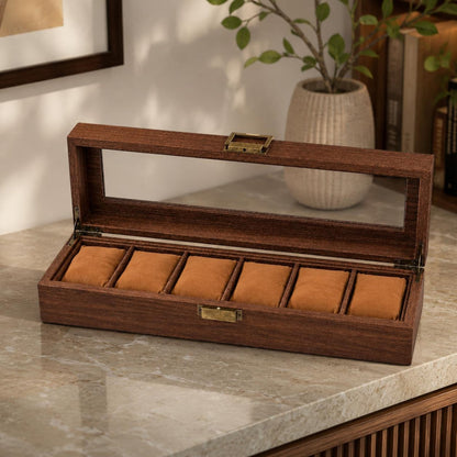Wooden Watch Box Organizer, 6 Slot Display Case, Glass Top Storage for Men