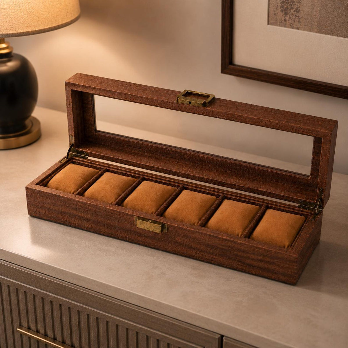 Wooden Watch Box Organizer, 6 Slot Display Case, Glass Top Storage for Men