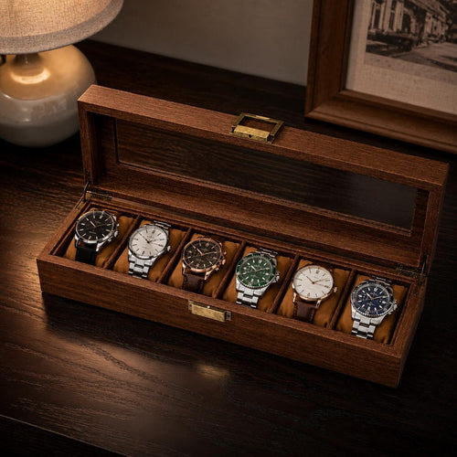 Wooden Watch Box Organizer, 6 Slot Display Case, Glass Top Storage for Men