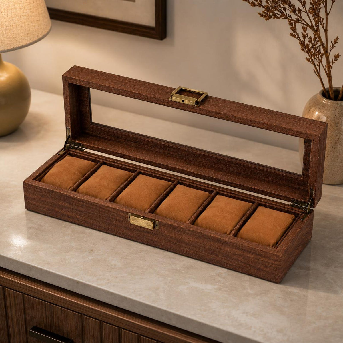 Wooden Watch Box Organizer, 6 Slot Display Case, Glass Top Storage for Men