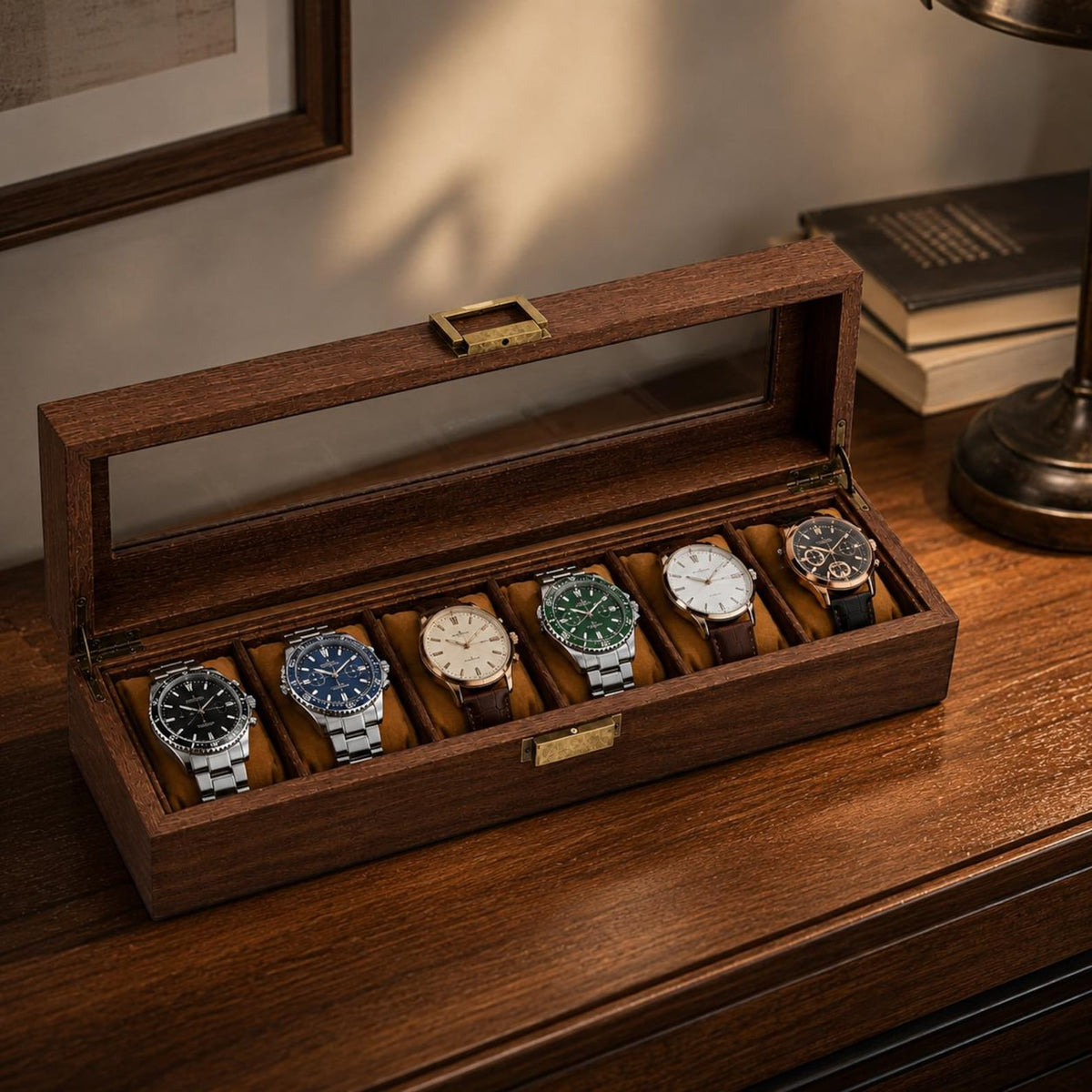 Wooden Watch Box Organizer, 6 Slot Display Case, Glass Top Storage for Men
