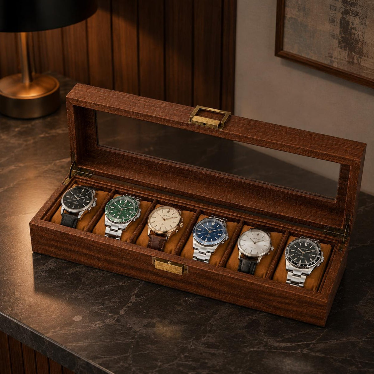 Wooden Watch Box Organizer, 6 Slot Display Case, Glass Top Storage for Men