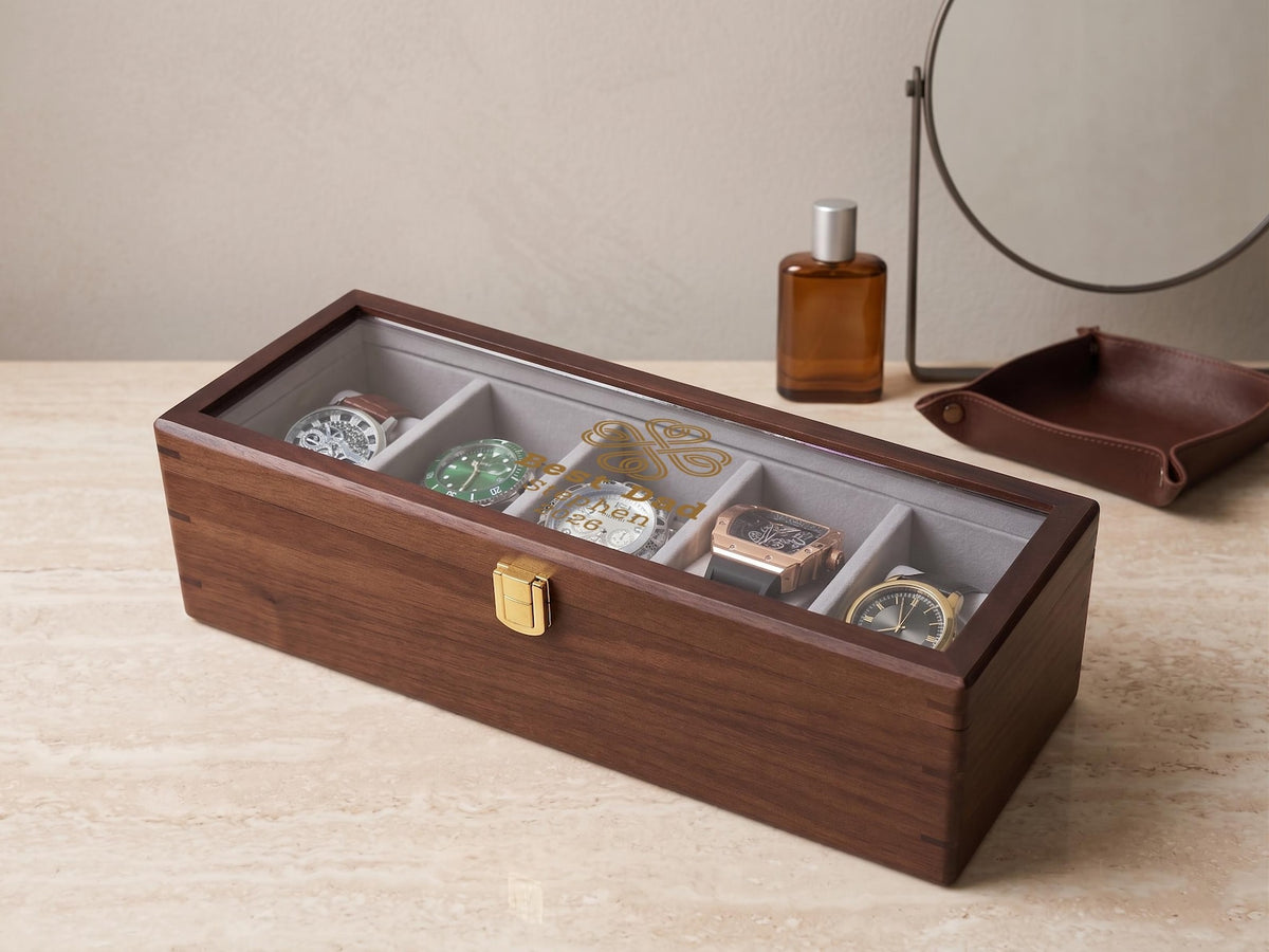 Personalized Walnut Watch Box (1 to 10 Slots) - Father's Day Gift for Husband & Dad, Custom Watch Display Case for Him