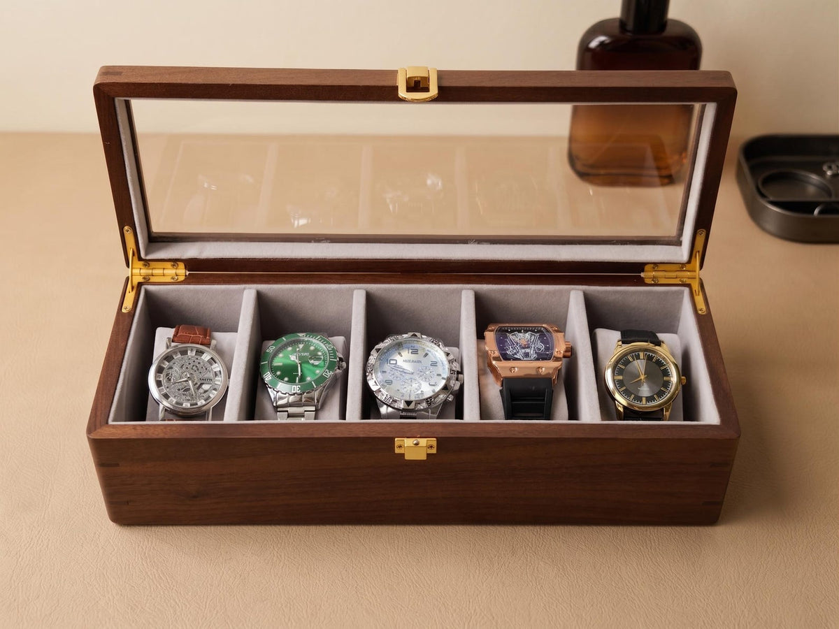 Personalized Walnut Watch Box (1 to 10 Slots) - Father's Day Gift for Husband & Dad, Custom Watch Display Case for Him