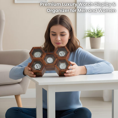 Personalized Hexagon Wooden Watch Box, 5-Slot Organizer, Velvet Cushions (Gift for Him)