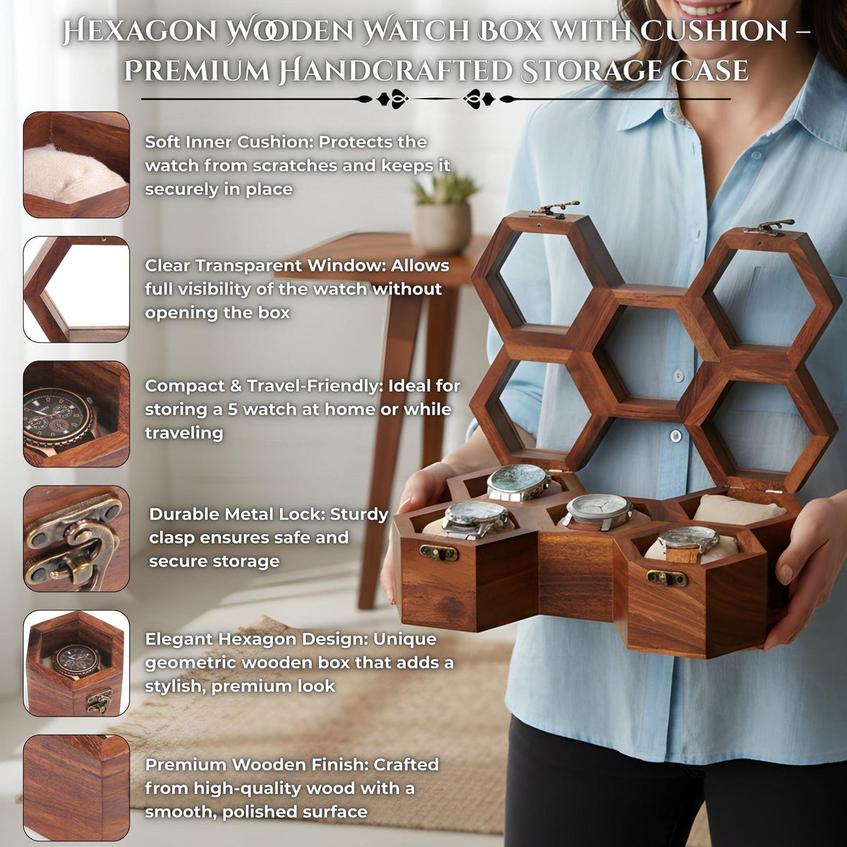 Personalized Hexagon Wooden Watch Box, 5-Slot Organizer, Velvet Cushions (Gift for Him)