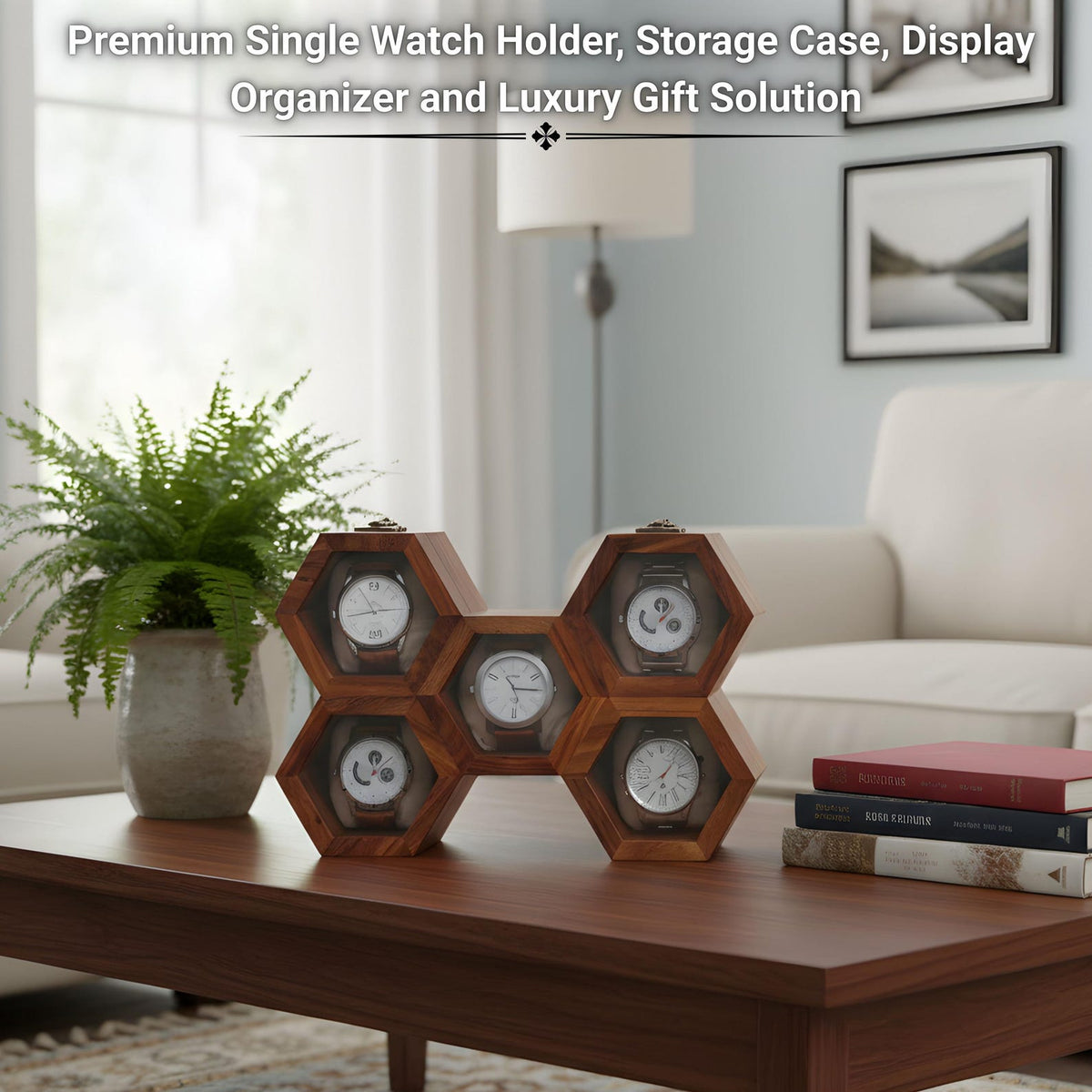 Personalized Hexagon Wooden Watch Box, 5-Slot Organizer, Velvet Cushions (Gift for Him)