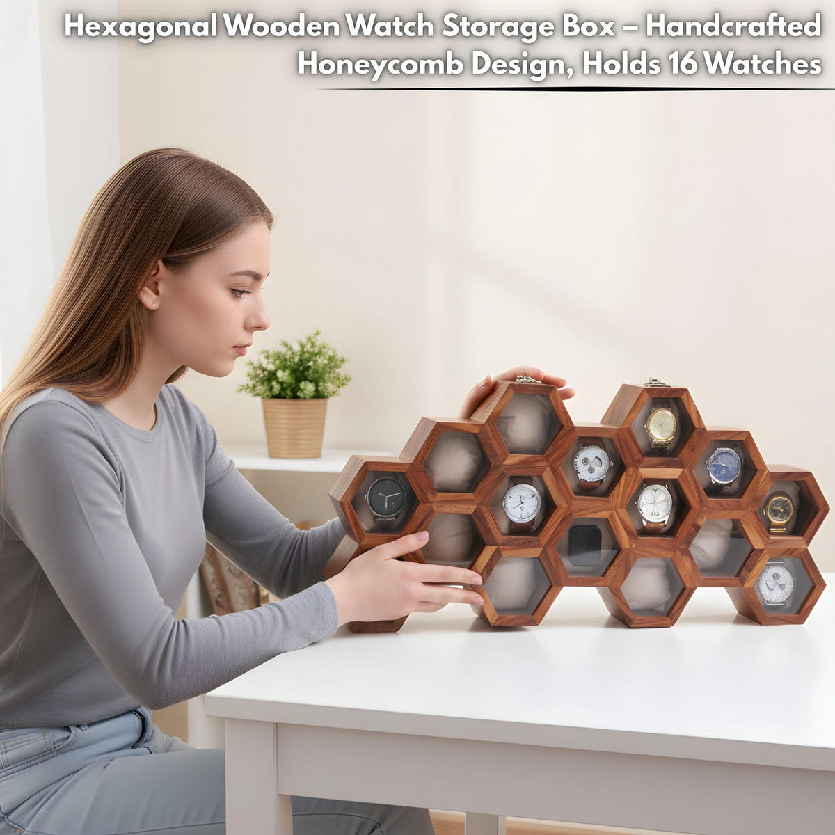 Personalized Hexagon Wooden Watch Box, 16-Compartment Display Case (Glass Lid)