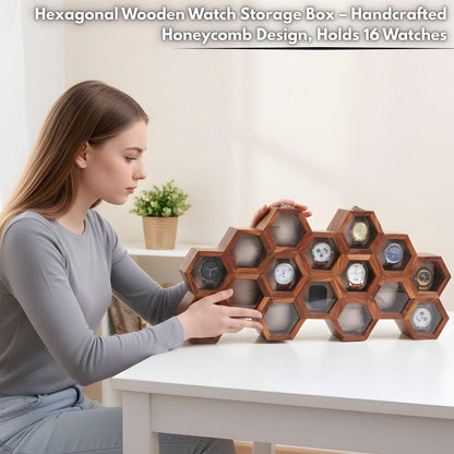 Personalized Hexagon Wooden Watch Box, 16-Compartment Display Case (Glass Lid)