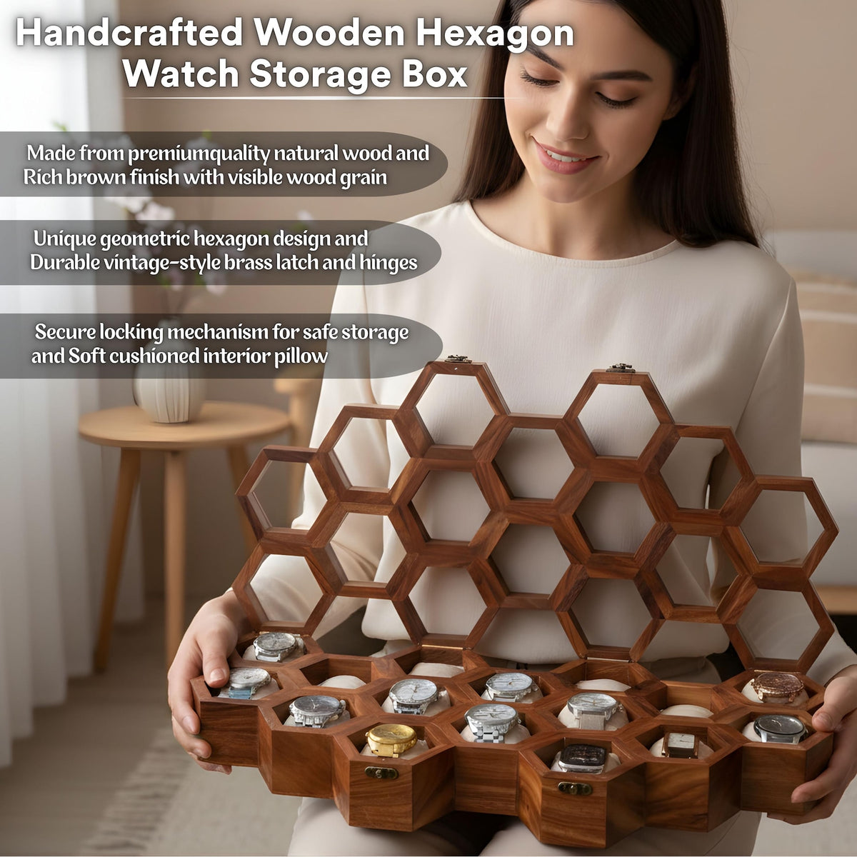 Personalized Hexagon Wooden Watch Box, 16-Compartment Display Case (Glass Lid)