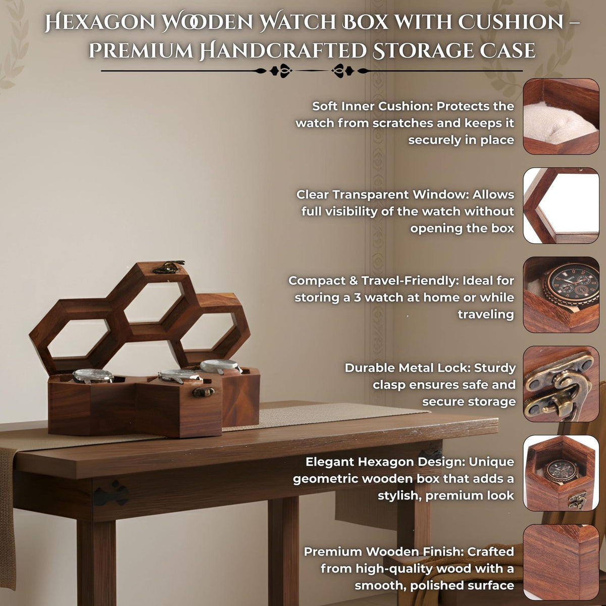Personalized Hexagon Wooden Watch Box, 3-Slot Organizer, Anniversary Gift for Him