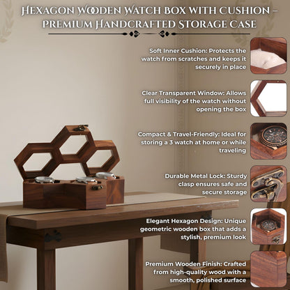 Personalized Hexagon Wooden Watch Box, 3-Slot Organizer, Anniversary Gift for Him