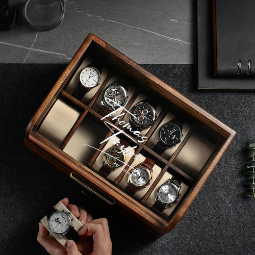 Premium Engraved Collector’s Watch Display Case Christmas Gift for Him Acacia Office Desk Watch Storage Organizer for Workspace