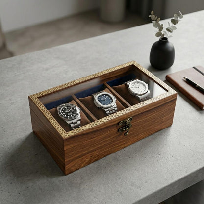 Wooden Watch Box, 8 Slot Organizer, Rosewood, Brass Inlay, Glass Lid