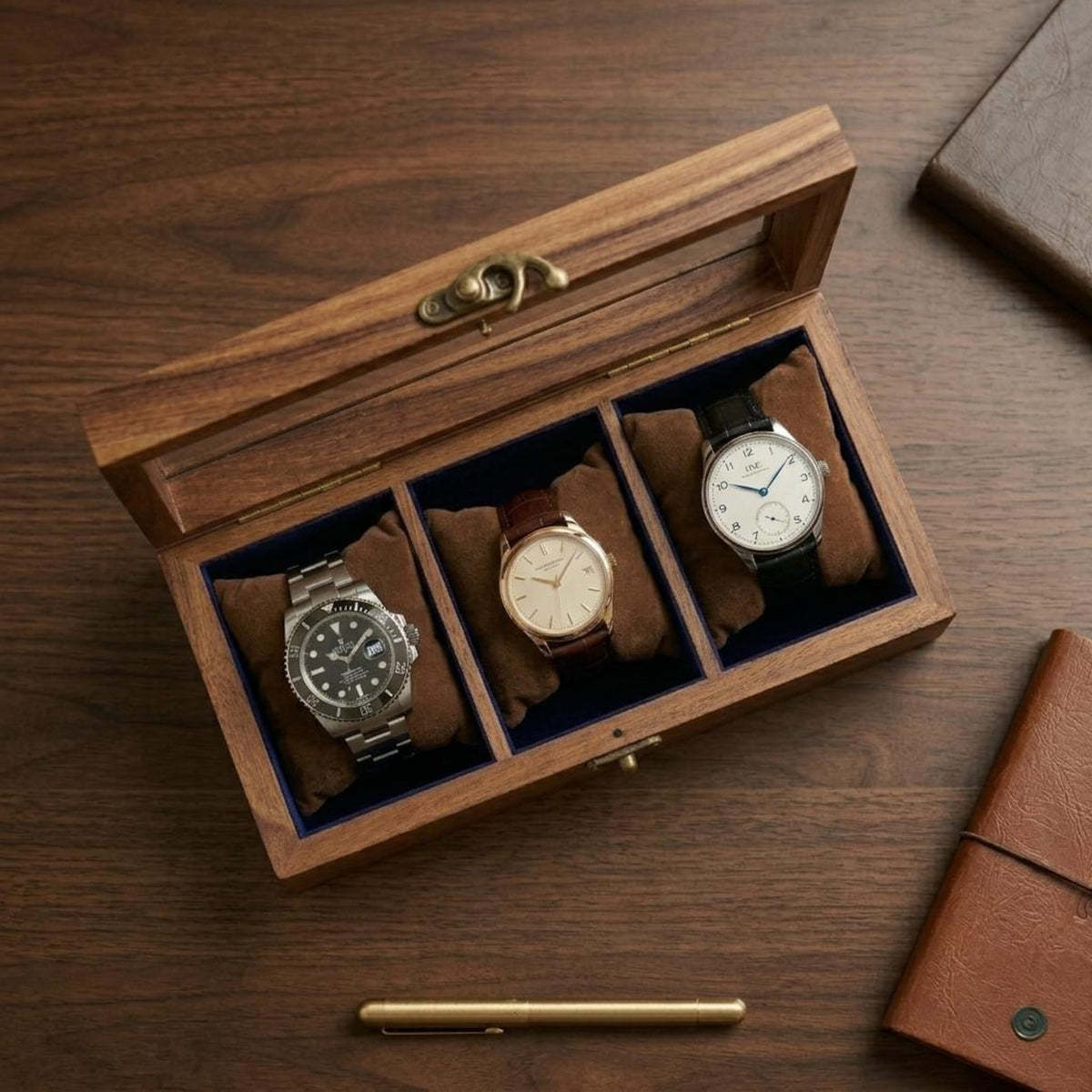 Wooden Watch Box, 8 Slot Organizer, Rosewood, Brass Inlay, Glass Lid