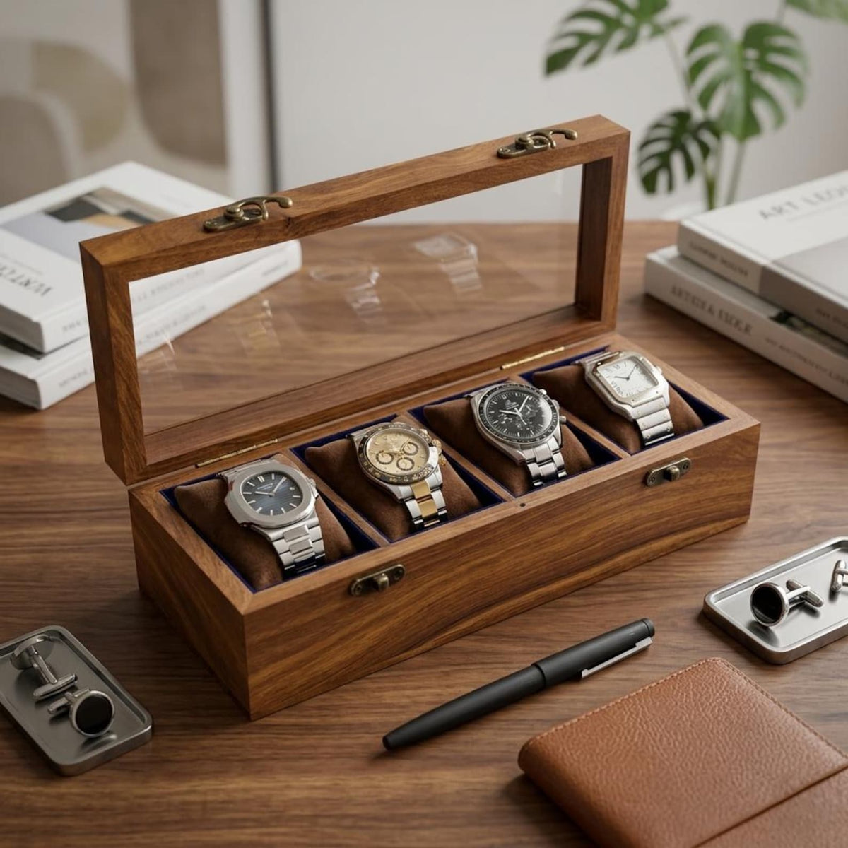 Wooden Watch Box, 8 Slot Organizer, Rosewood, Brass Inlay, Glass Lid