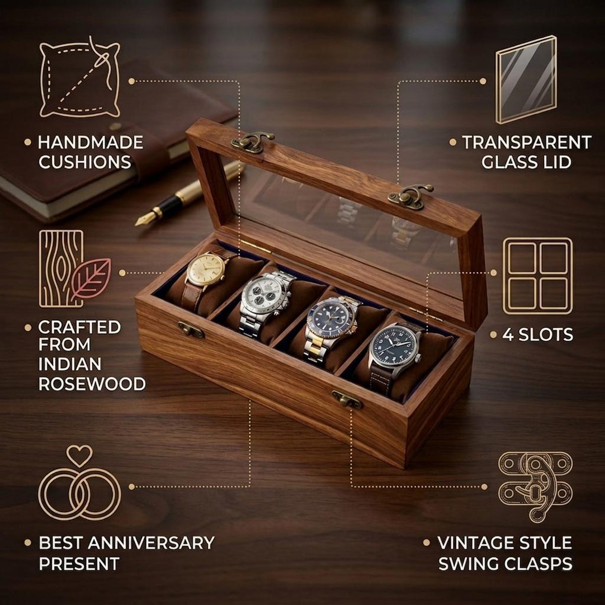 Wooden Watch Box, 8 Slot Organizer, Rosewood, Brass Inlay, Glass Lid
