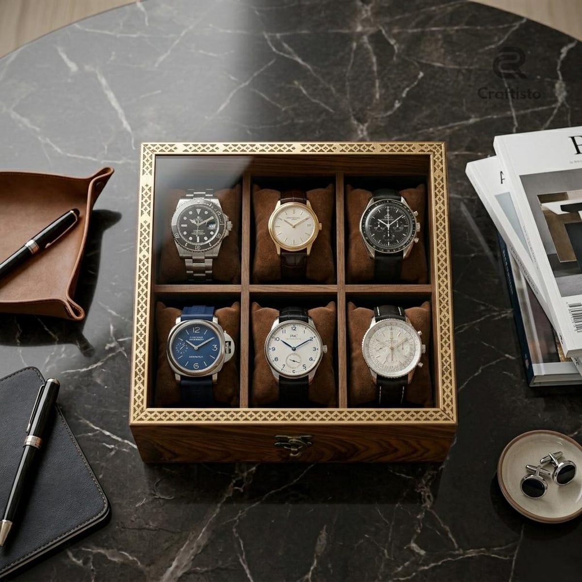 Wooden Watch Box, 8 Slot Organizer, Rosewood, Brass Inlay, Glass Lid