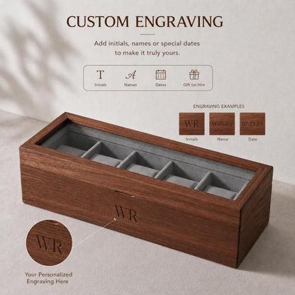 Engraved Wide Wood Watch Box - Walnut 2,3,5 Slots Watches Collection Organizer Anniversary Wedding Gift Groom Husband Father