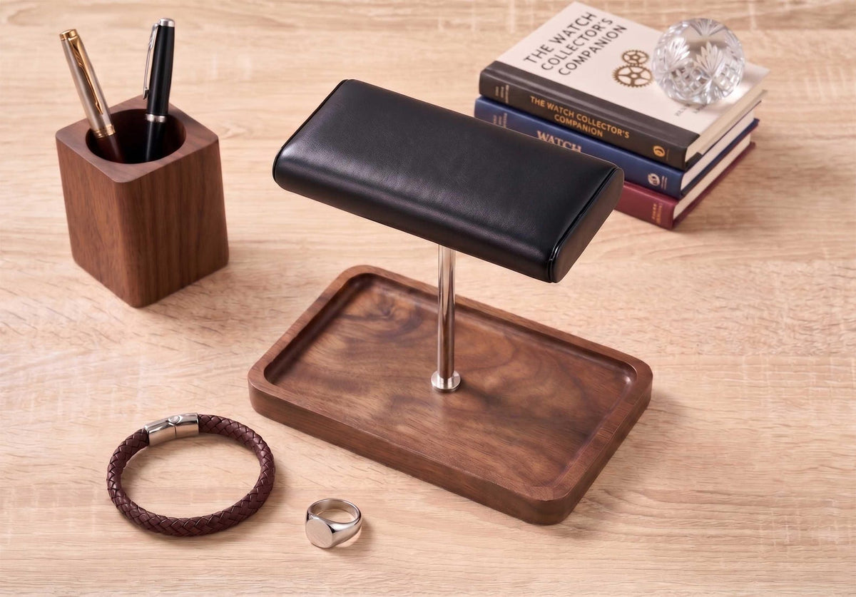 Custom Wood Watch Display Stand with Jewelry Catchall Tray, Engraved Men's Valet Tray, Nightstand Organizer, Watch Holder, Gift for Him