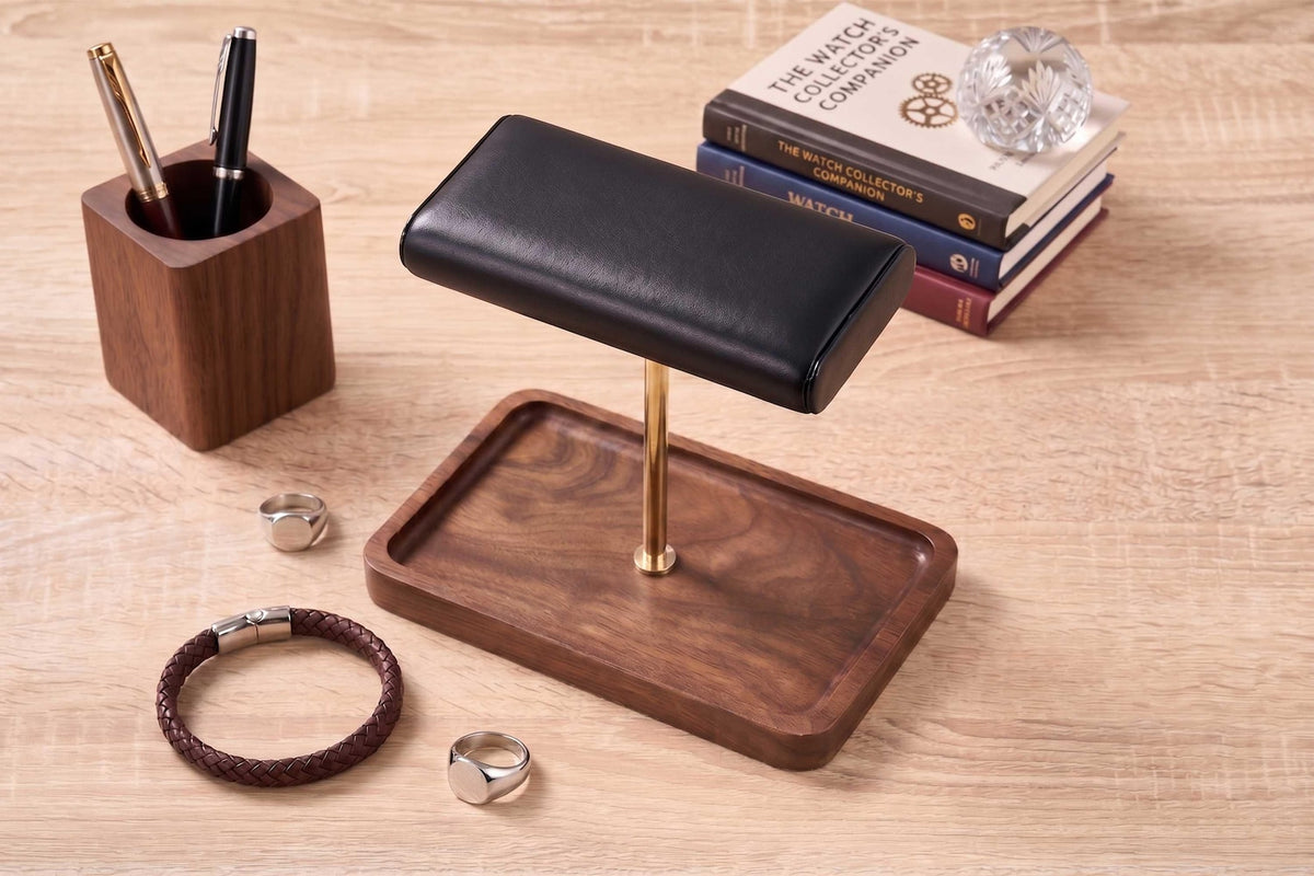 Custom Wood Watch Display Stand with Jewelry Catchall Tray, Engraved Men's Valet Tray, Nightstand Organizer, Watch Holder, Gift for Him